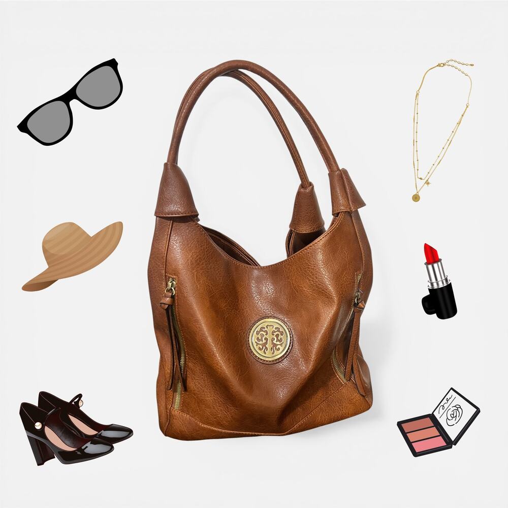 Rosetti Brown Faux Leather Hobo Shoulder Gold Medallion Slouchy Bag